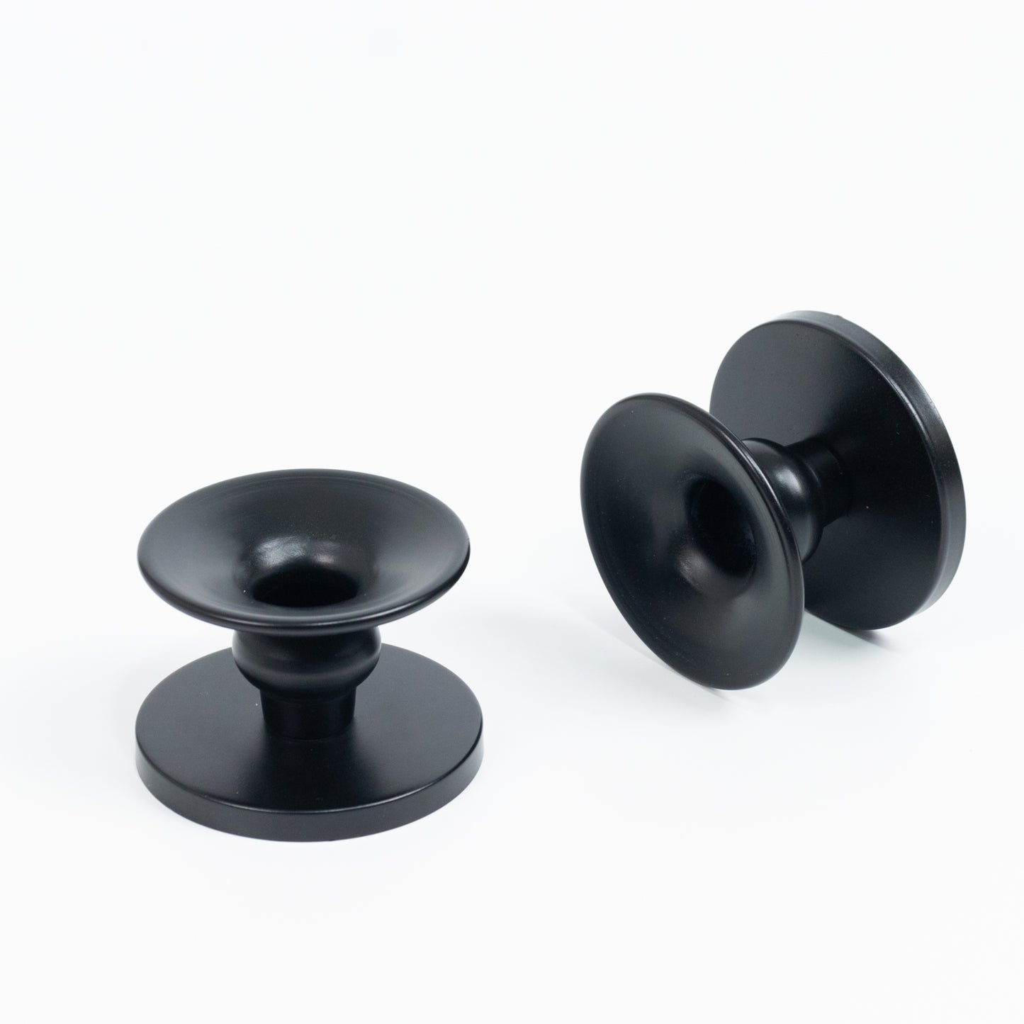 Black metal candle holders, reversible pillar and taper stands, set of 6.