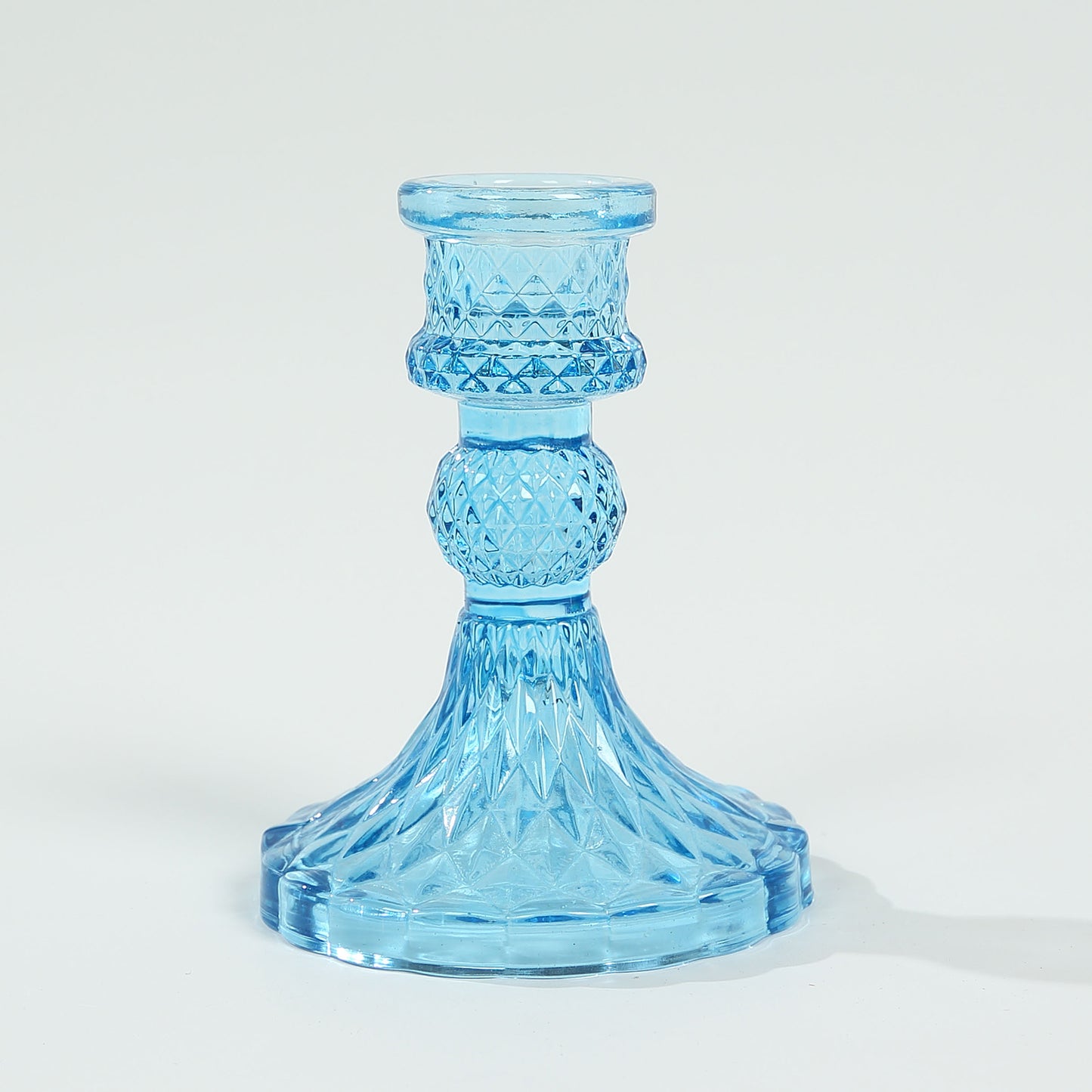 6 Pack Assorted Blue Diamond Pattern Glass Pillar Votive Candle Stands, 4" Reversible Crystal Taper Candlestick Holders