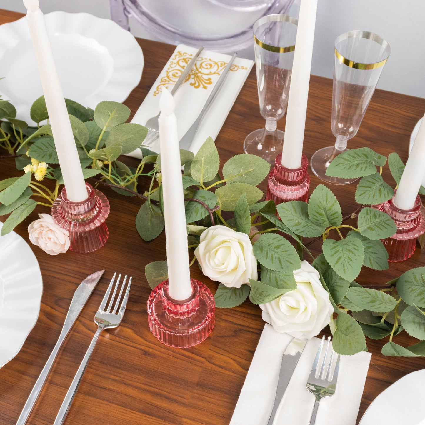 Set of 6 Pink Ribbed Crystal Glass 3" Taper Candle Holders, Reversible Mini Votive Tealight Candle Stands