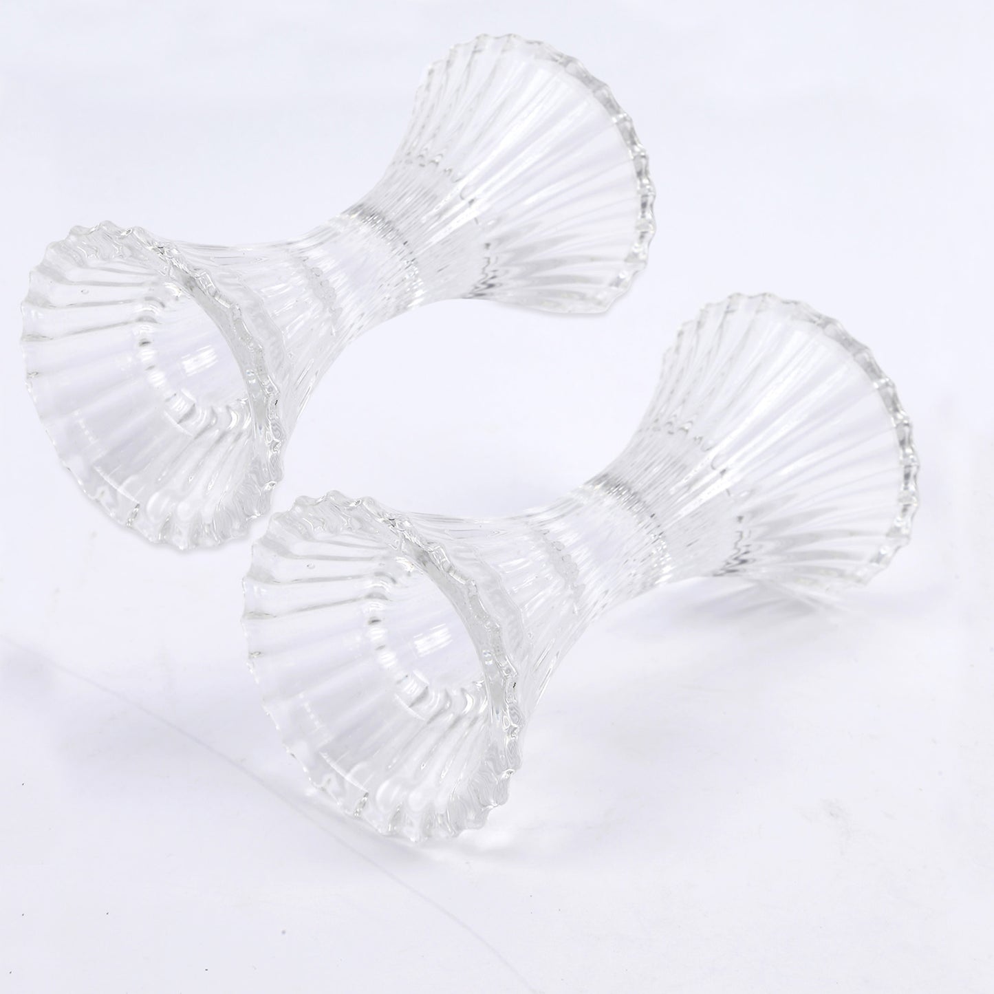 2 Pack | 5" Clear Crystal Hour Glass Taper Candle Holders, Reversible Pillar Candlestick Stands With Diagonal Stripes