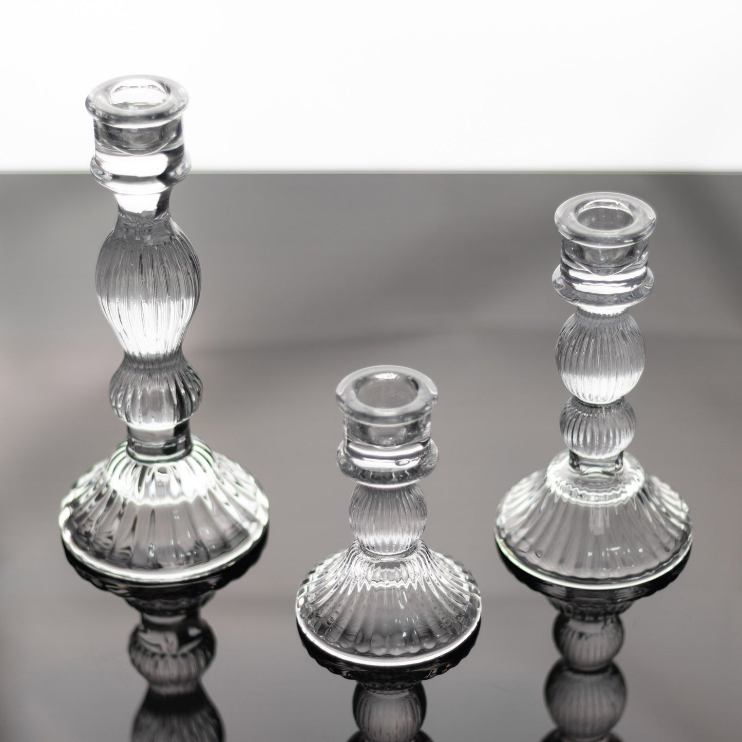 Set of 3 Clear Ribbed Glass Taper Candlestick Holders, Fluted Crystal Candle Stands - 4", 6", 8"