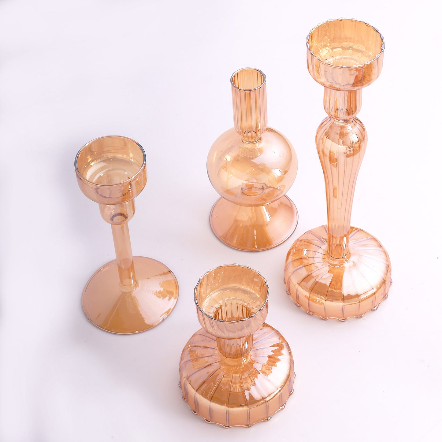 Set of 4 Assorted Amber Gold Glass Taper Votive Candle Stands, Lined Crystal Glass Tea Light Candle Holder Set - 4", 5.5", 6", 9"