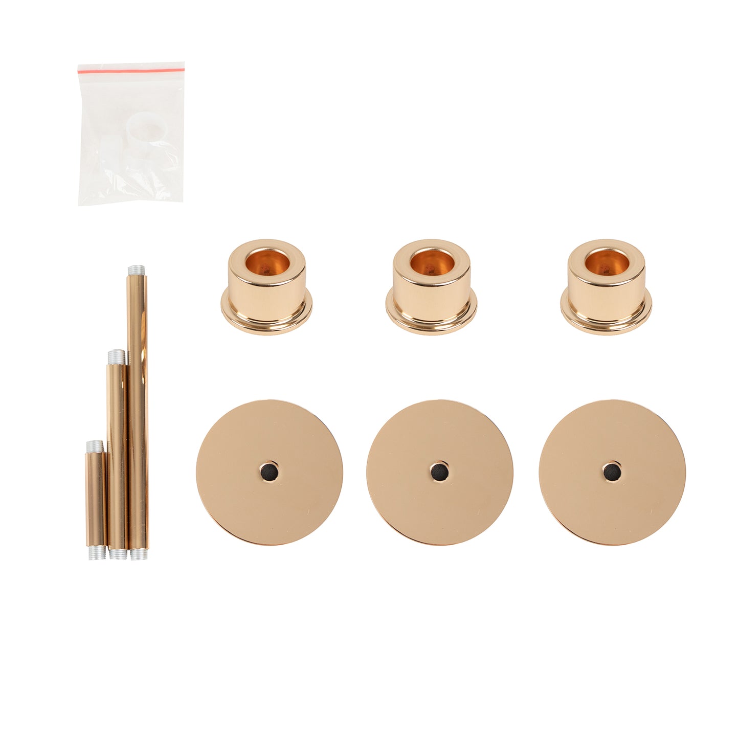 Gold metal taper candle stands set with round bases, sizes 3.5", 5.5", 8".