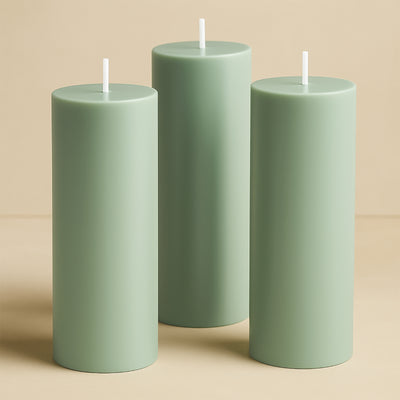 Décor styling ideas with sage green pillar candles Décor styling ideas with sage green pillar candles