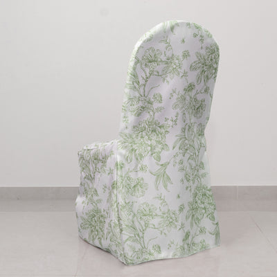 White Dusty Sage Green French Toile Banquet Chair Covers White Dusty Sage Green French Toile Banquet Chair Covers