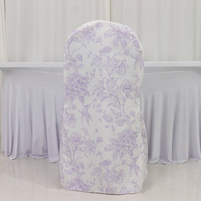 White Lavender Lilac French Toile Banquet Chair Covers – 10 Pack White Lavender Lilac French Toile Banquet Chair Covers – 10 Pack