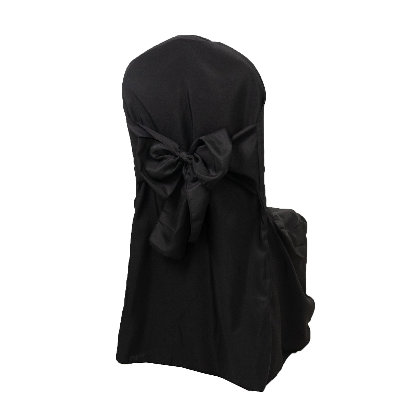 Black banquet chair cover with attached sash, reusable and stain-resistant. #whtbkgd