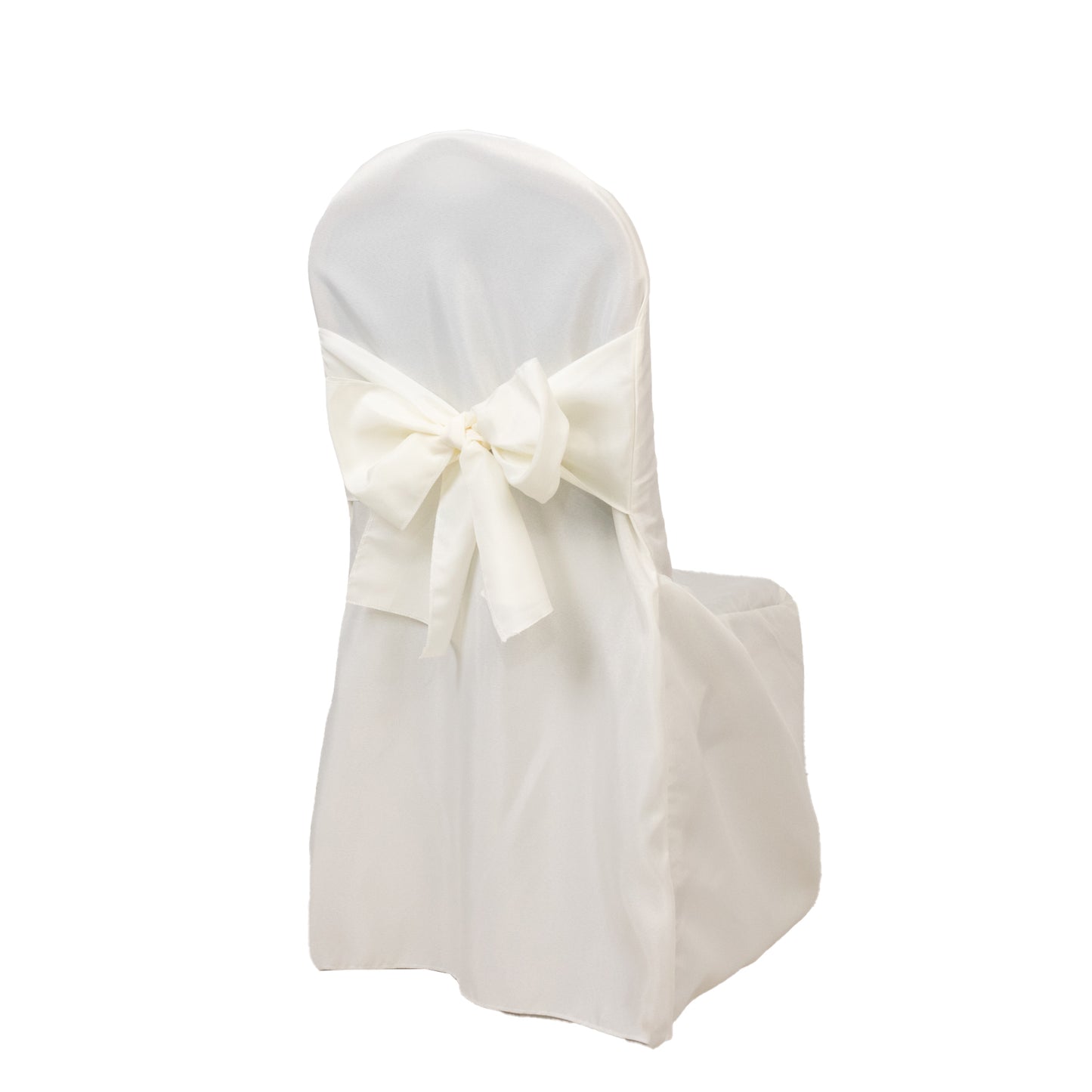 Ivory banquet chair cover with attached sash for wedding decor. #whtbkgd