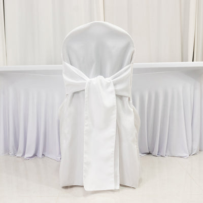 Polyester Banquet Chair Covers with Attached Sashes – White Reusable & Stain-Resistant Polyester Banquet Chair Covers with Attached Sashes – White Reusable & Stain-Resistant
