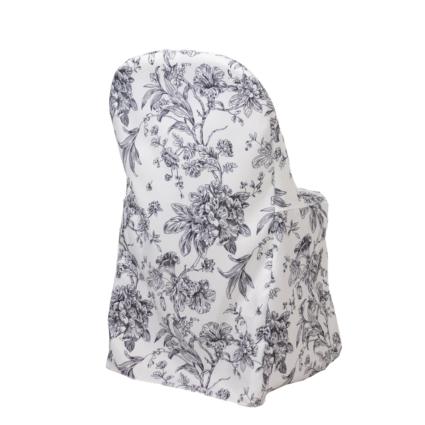 White and black French toile pattern folding chair cover.