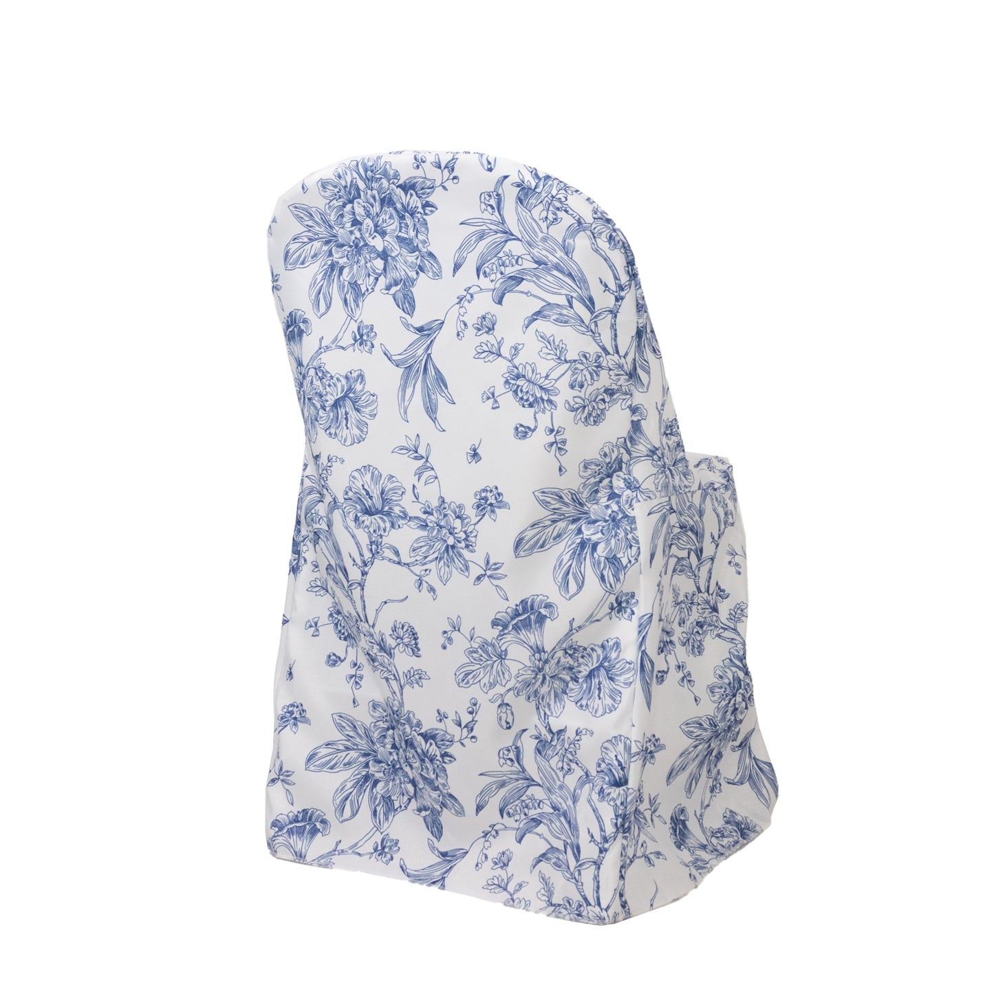 White blue chair cover with French toile pattern for folding chairs.