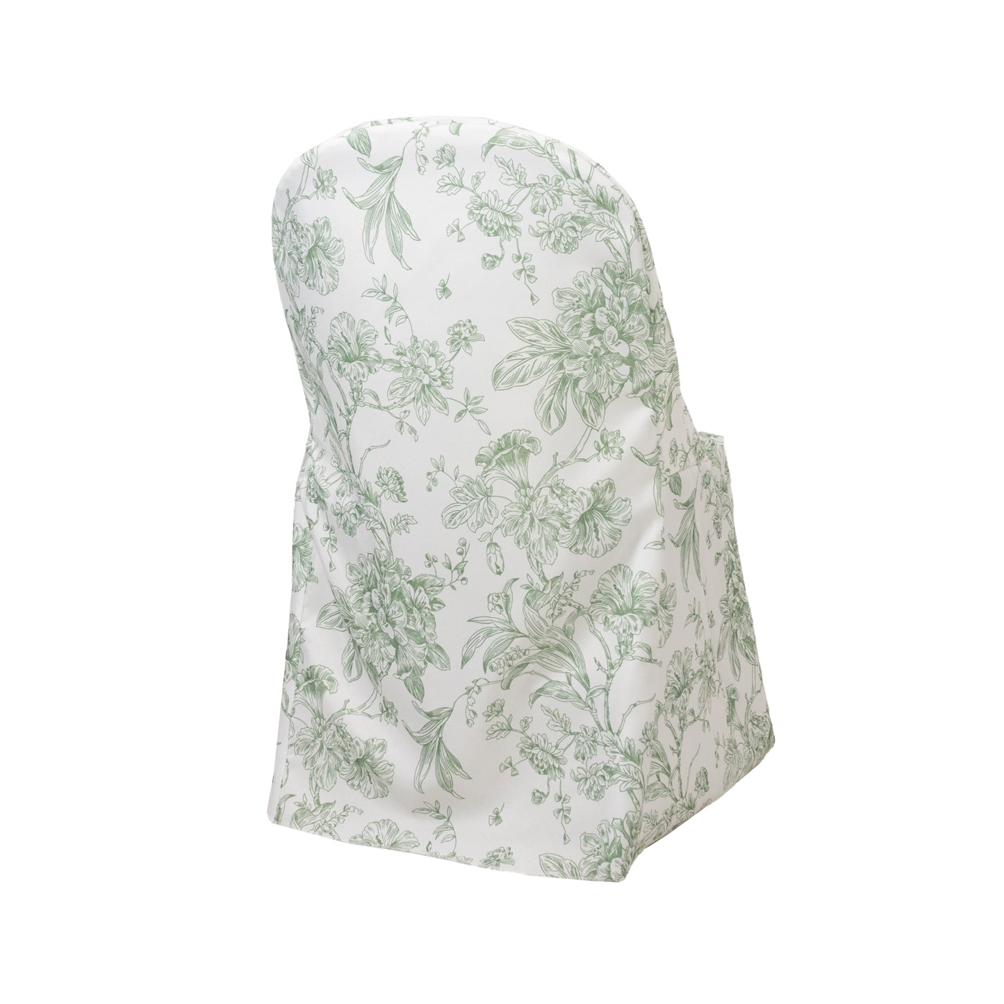 White dusty sage green chair cover with French toile pattern for folding chairs.