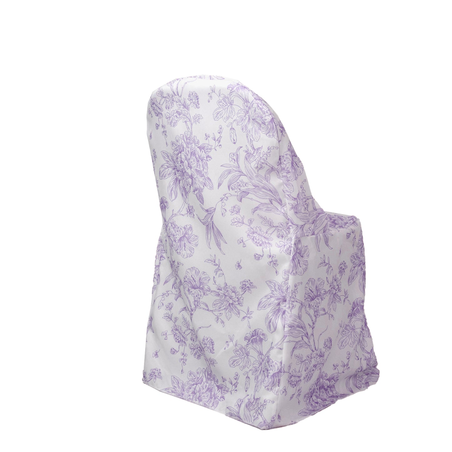 White lavender lilac chair cover for folding chairs in floral pattern.