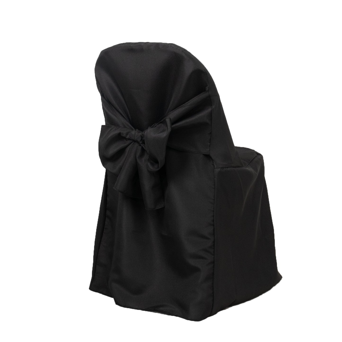 Black polyester slip-on chair cover with attached sash for events and weddings.