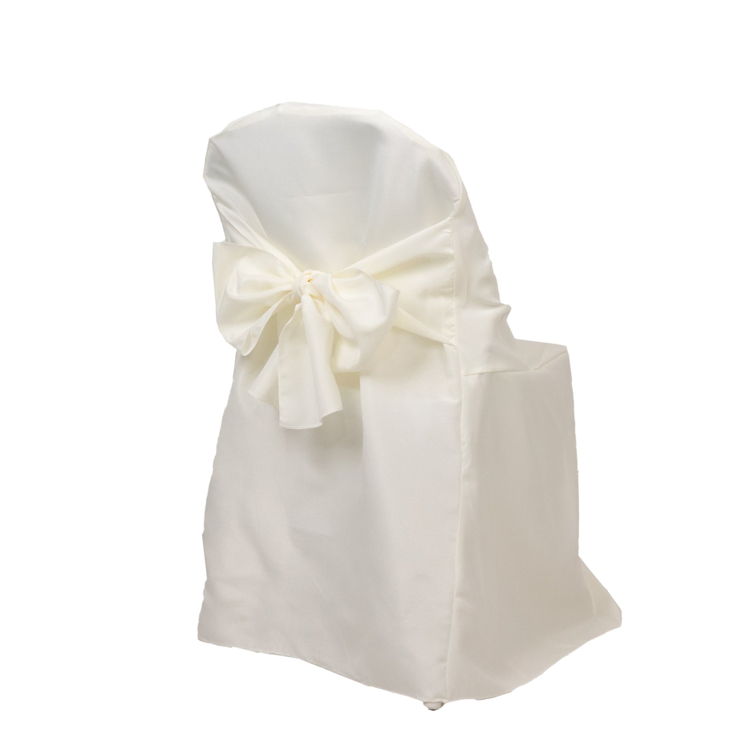 Ivory folding chair cover with attached sash for wedding decor.