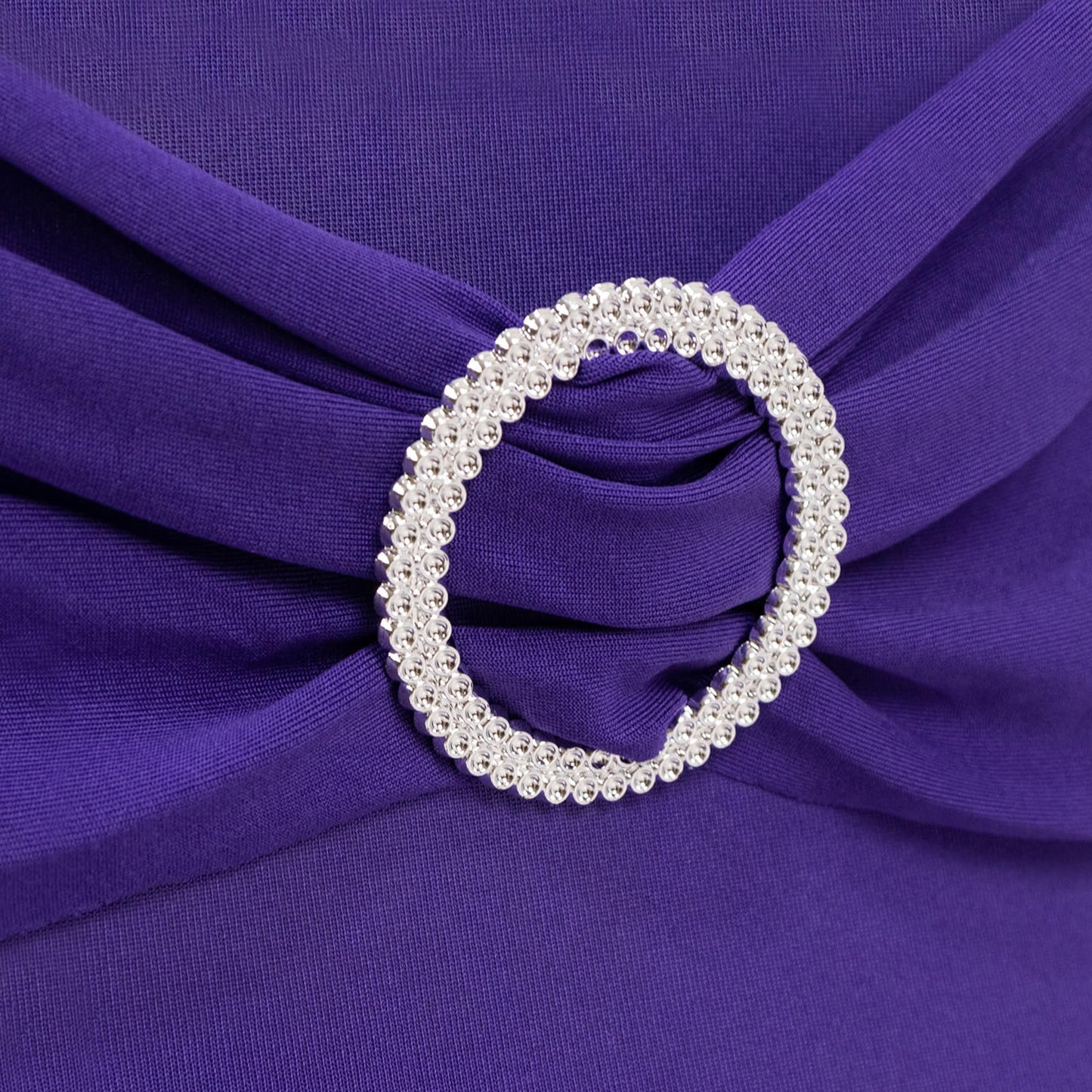 Purple spandex chair cover with silver rhinestone buckled sash band. #whtbkgd