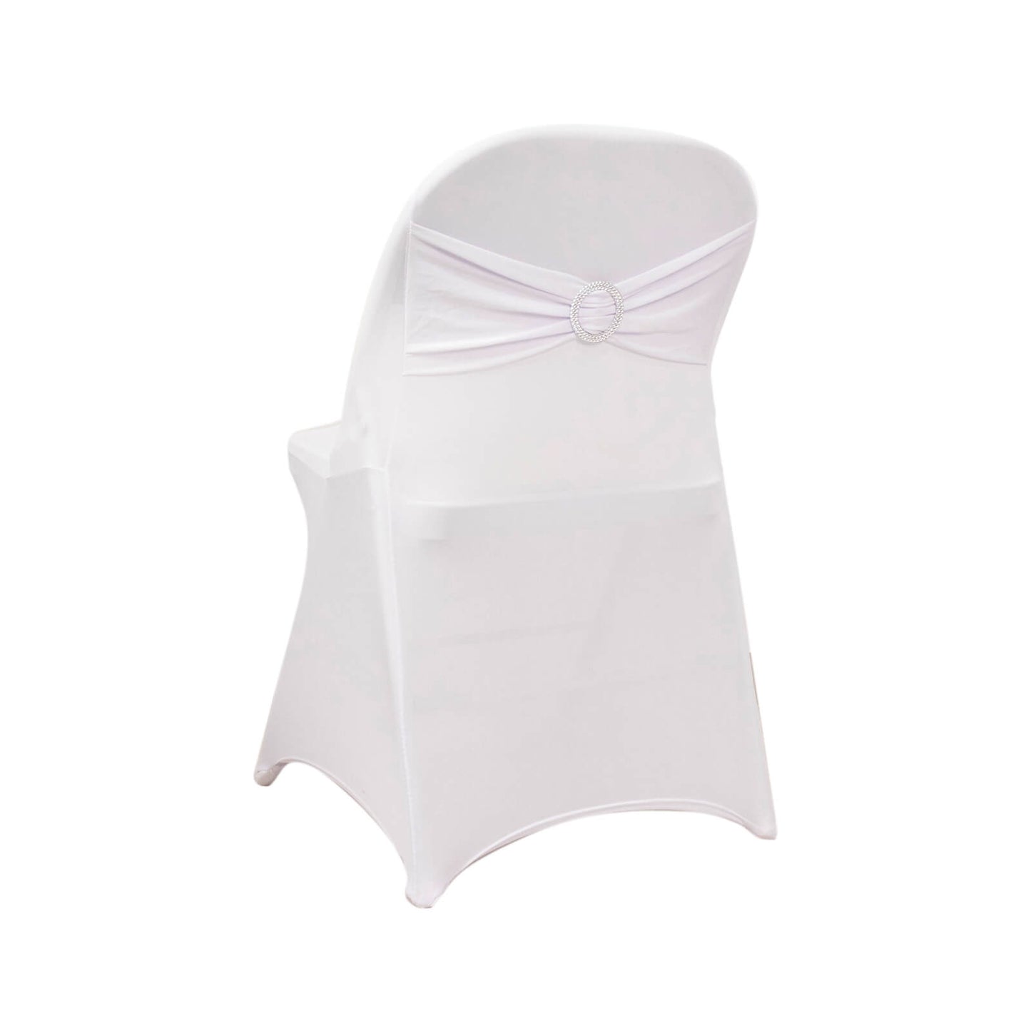 White spandex folding chair cover with silver rhinestone sash.