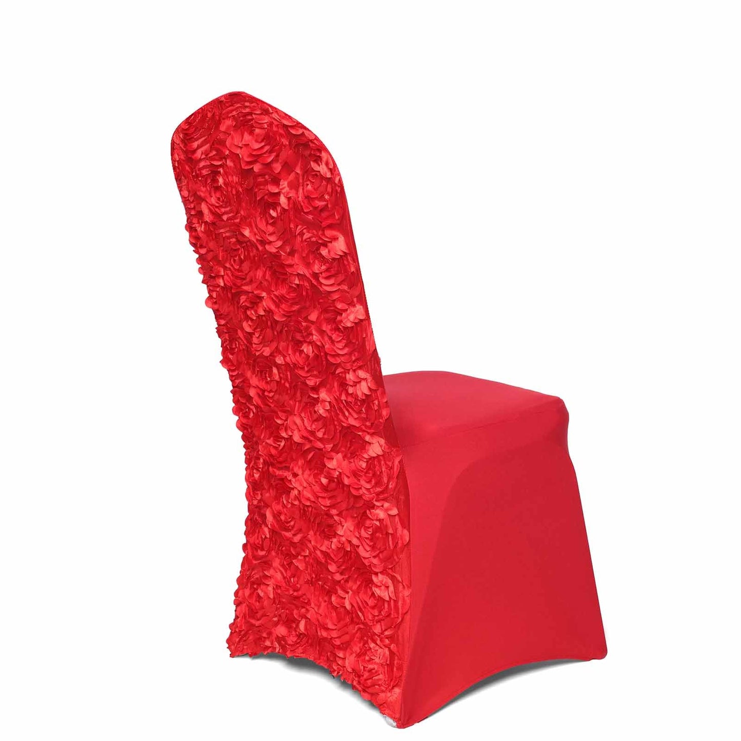 Red Satin Rosette Spandex Stretch Banquet Chair Cover, Fitted Chair Cover