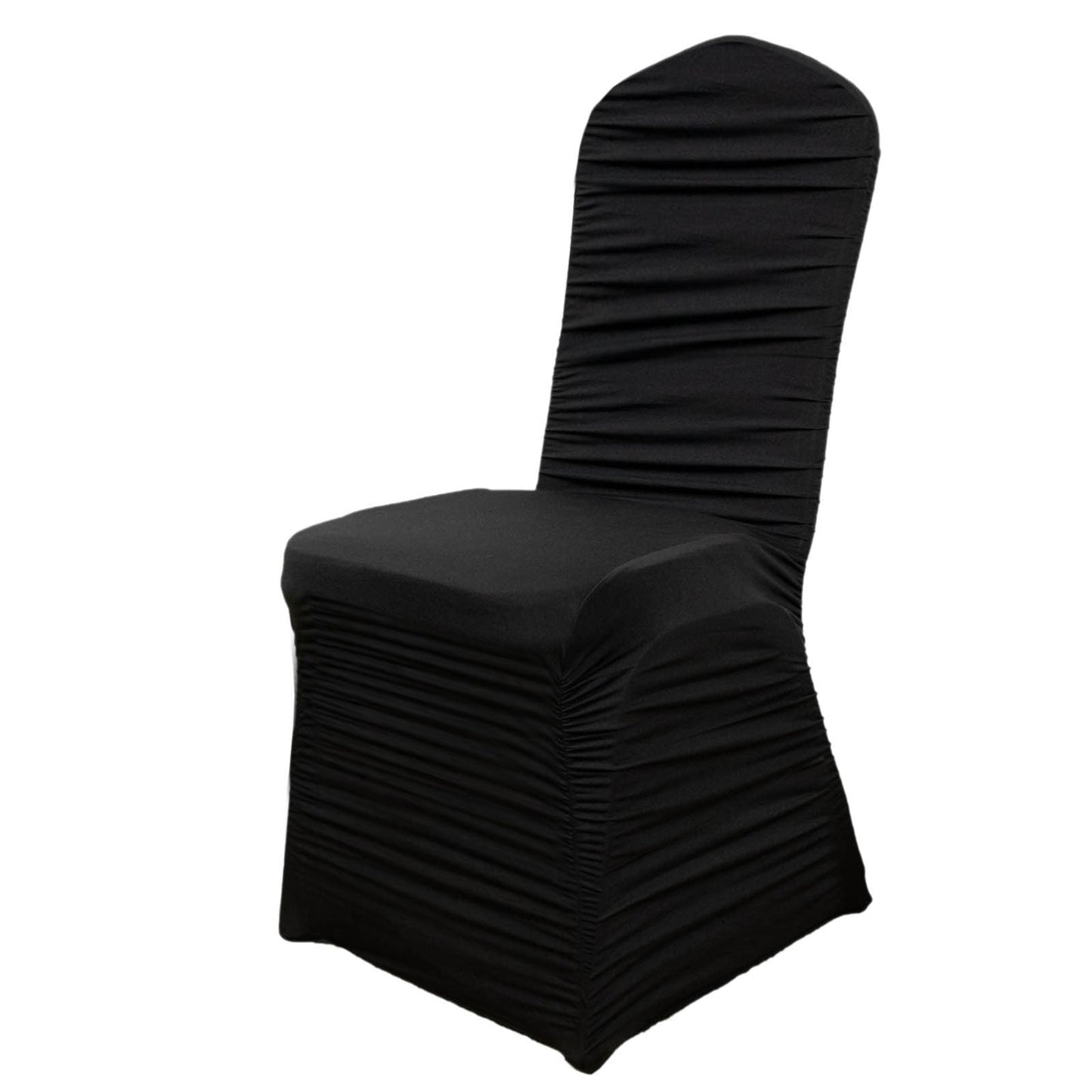 Black fitted banquet chair cover in stretch spandex.