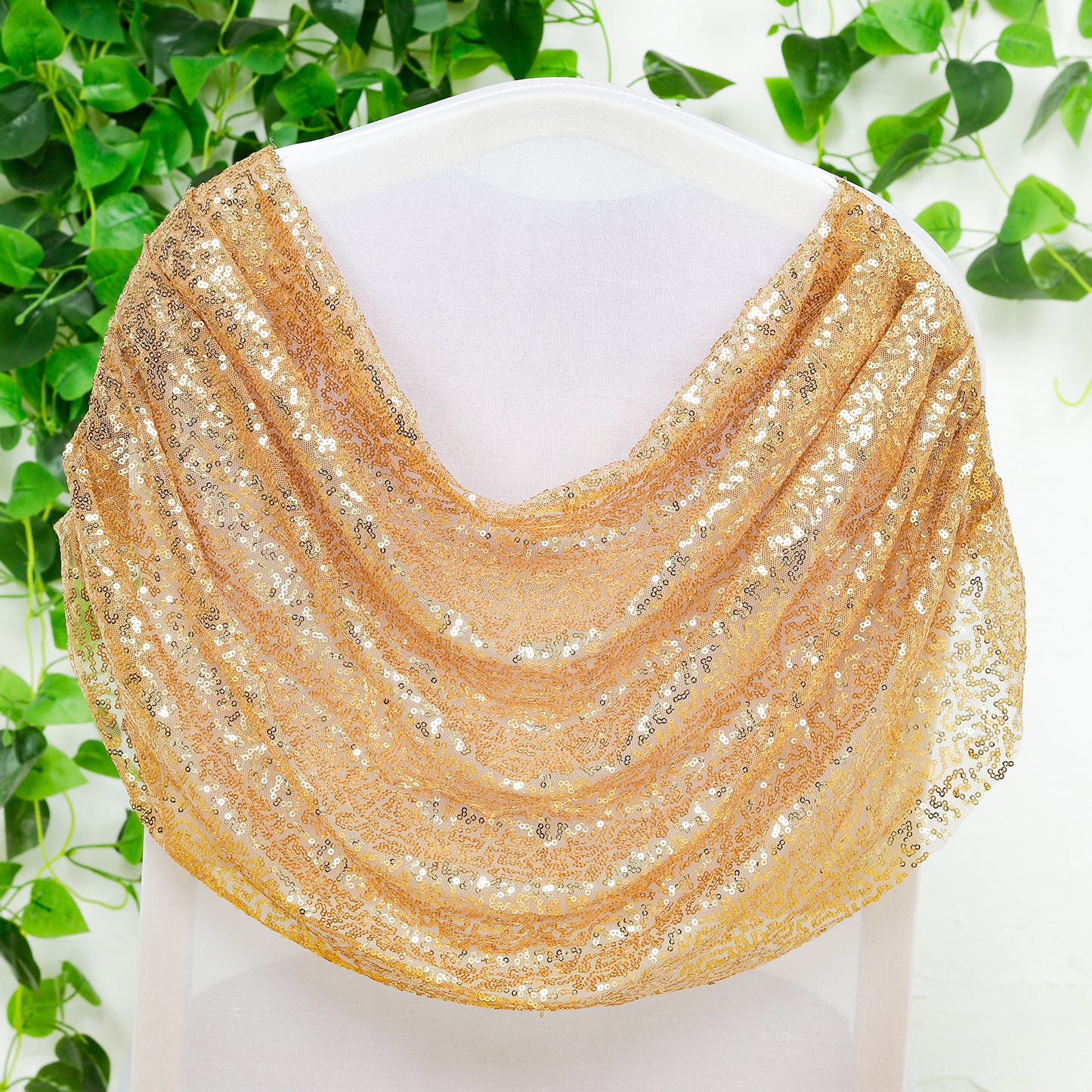 White Spandex Fitted Banquet Chair Cover with Gold Sequin Ruched Swag Back and Foot Pockets, Durable Slip-On Slipcover