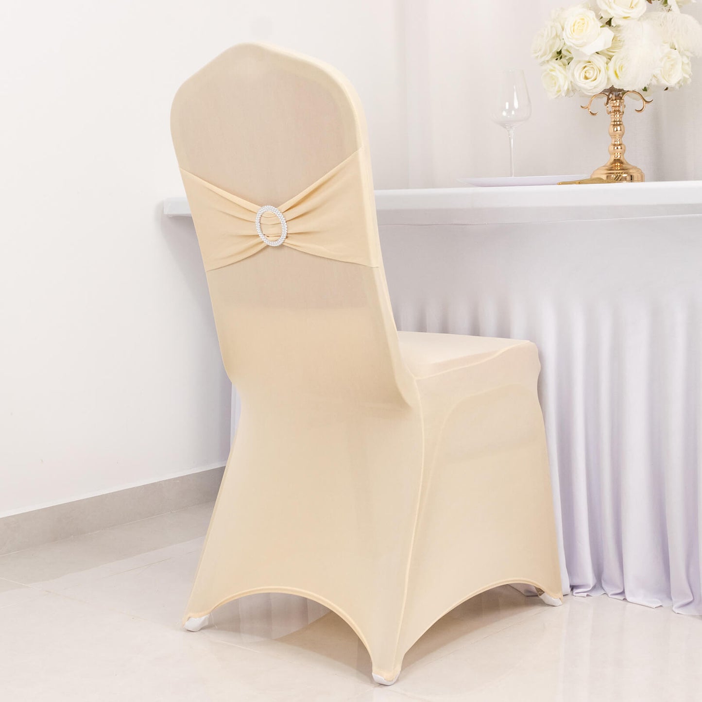 Beige Spandex Banquet Chair Cover with Silver Rhinestone Buckled Sash Band, Stretched Fitted Slip On Chair Cover