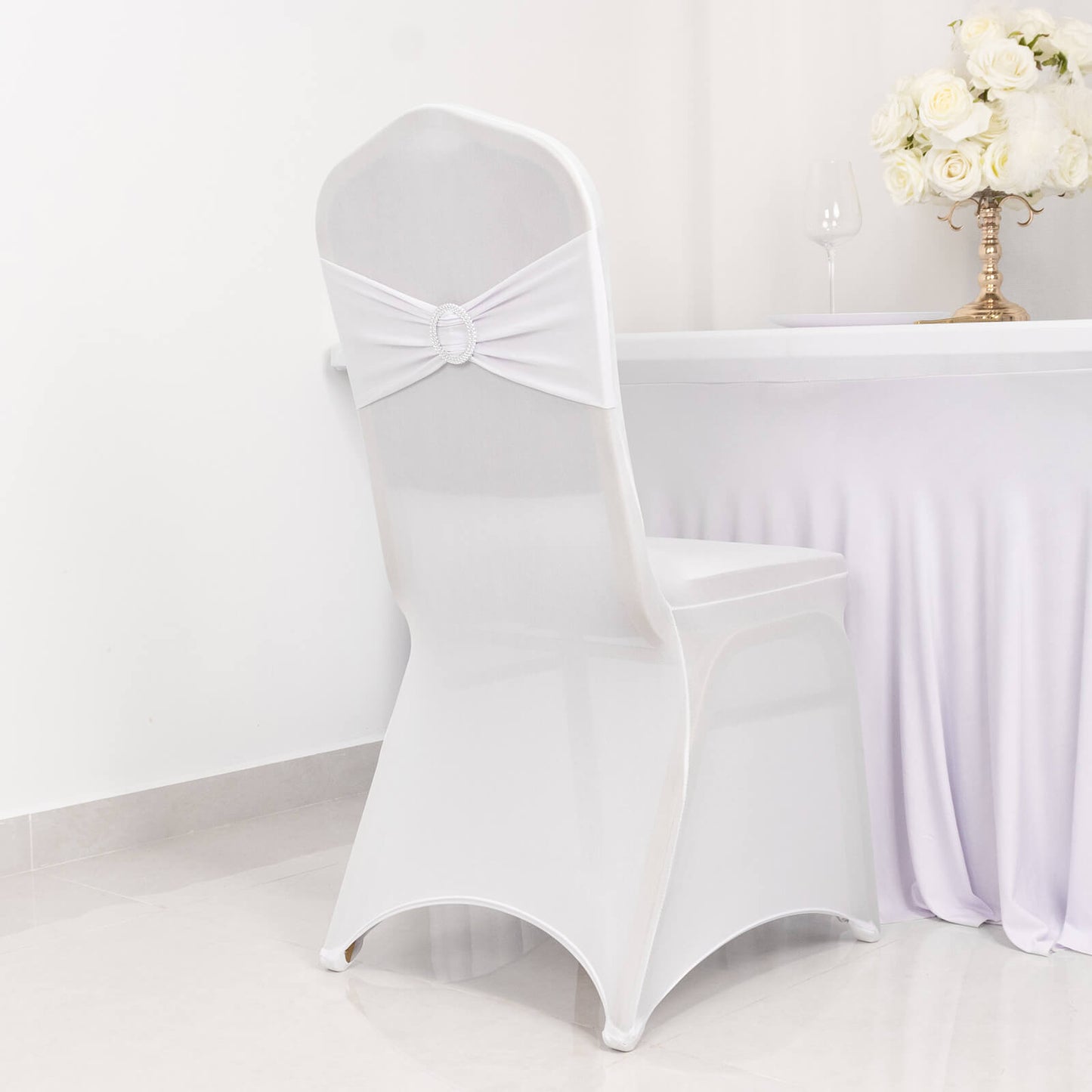 White Spandex Banquet Chair Cover with Silver Rhinestone Buckled Sash Band, Stretched Fitted Slip On Chair Cover