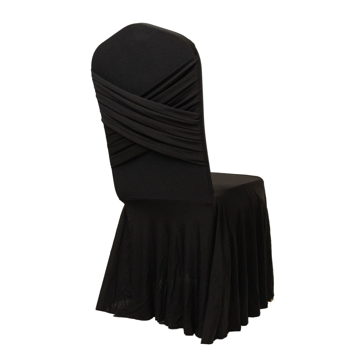 Black spandex banquet chair cover with ruffle skirt and cross back sash.