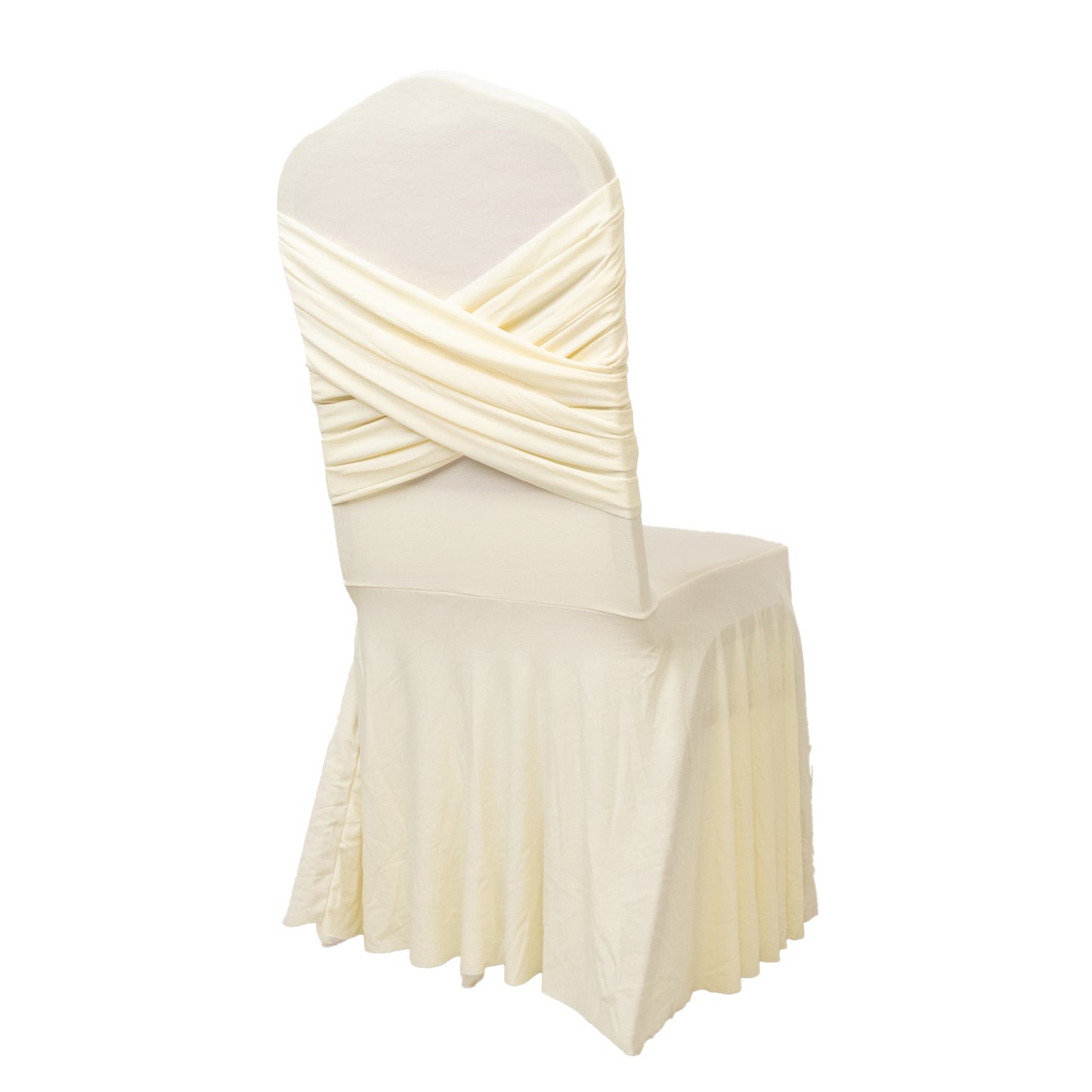 Ivory spandex banquet chair cover with ruffle skirt and cross back sash. #whtbkgd