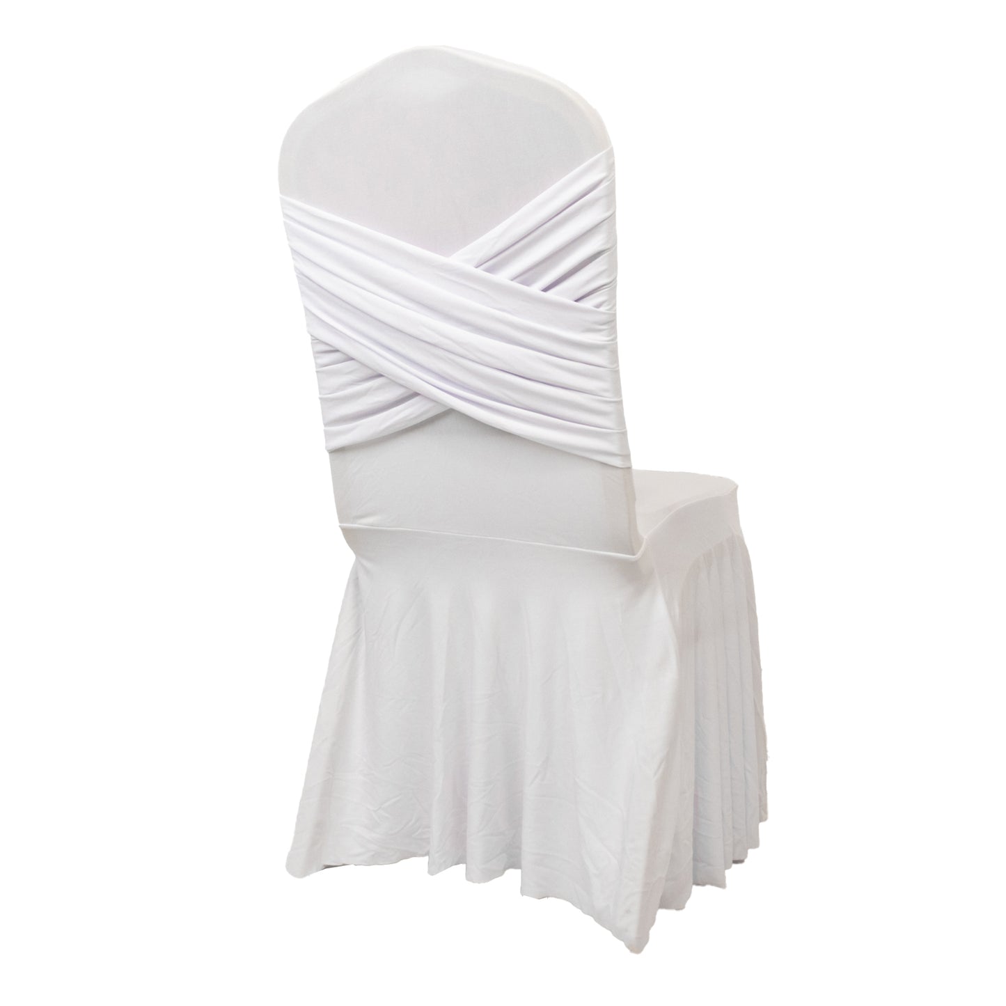 White spandex banquet chair cover with ruffle skirt and cross back sash.