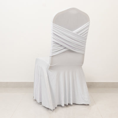 White Cross Back Spandex Banquet Chair Cover with Ruffle Pleated Skirt White Cross Back Spandex Banquet Chair Cover with Ruffle Pleated Skirt