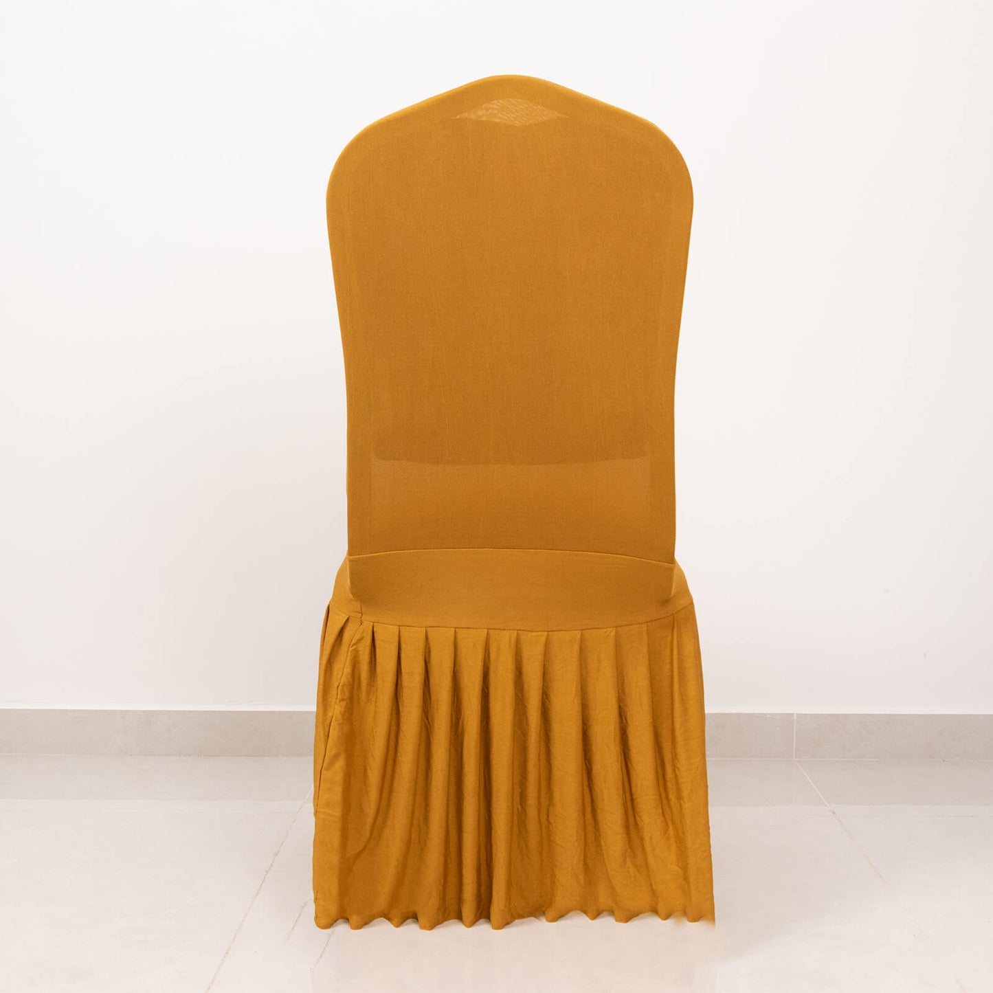 Gold ruffle pleated spandex chair slipcover for banquet settings.