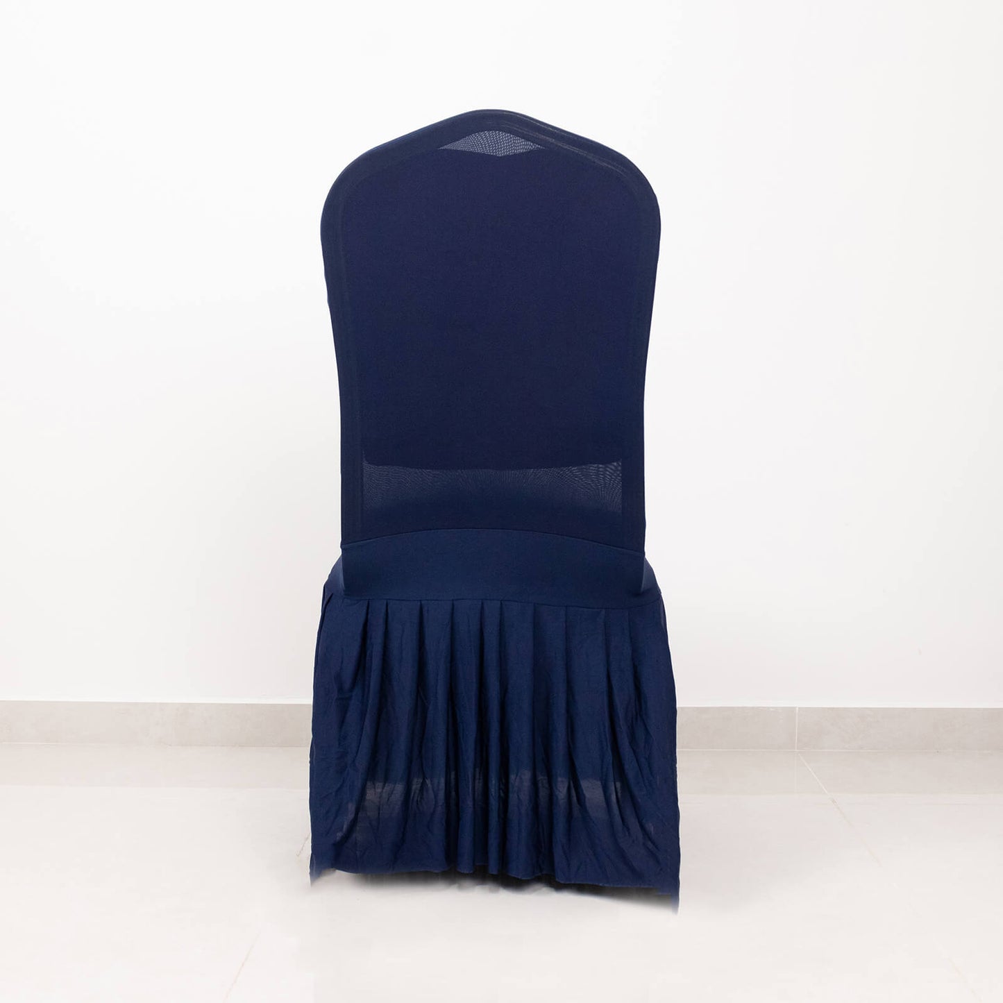 Navy ruffle pleated spandex chair slipcover for banquet seating.