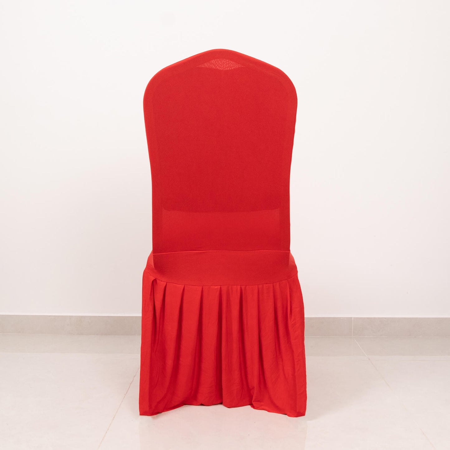 Red ruffle pleated spandex chair slipcover for banquet settings.