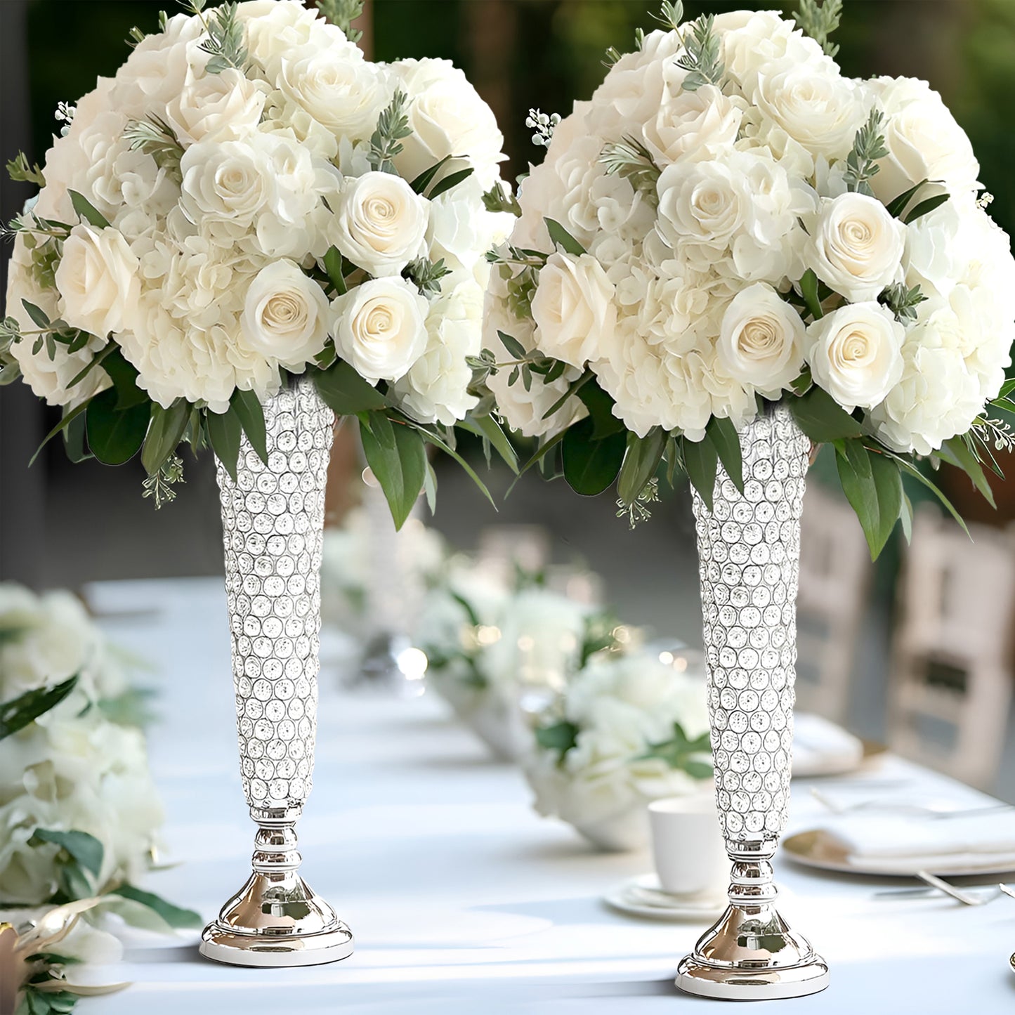 2 Pack | Silver 28” Tall Crystal Beaded Trumpet Vase Set, Table Centerpiece