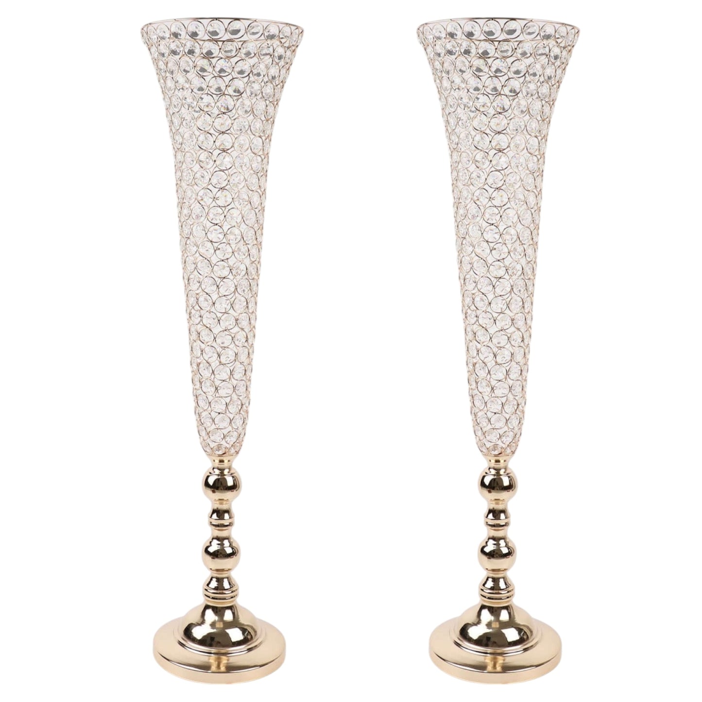Table Centerpiece 2 Pack Gold Tall Crystal Beaded Trumpet Vases 40 Inch#whtbkgd