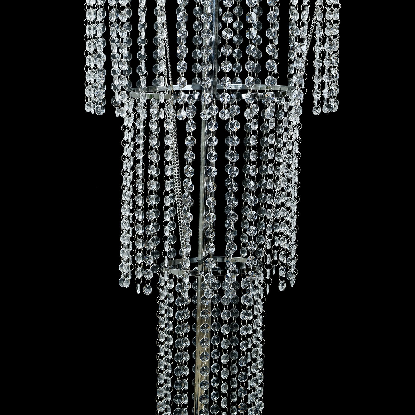 Clear acrylic beaded chandelier centerpiece for elegant wedding and party decor.