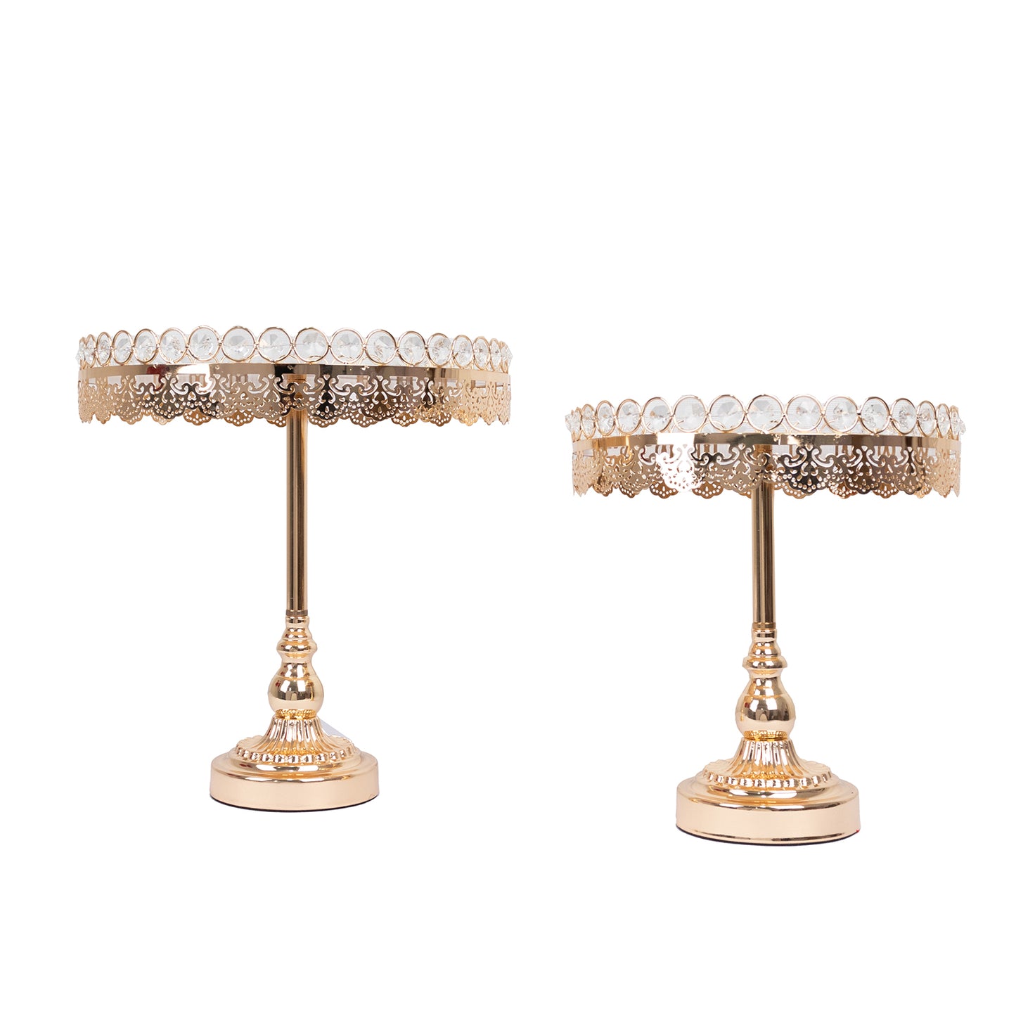 Gold crystal beaded metal cupcake dessert display stands with mirror tops.