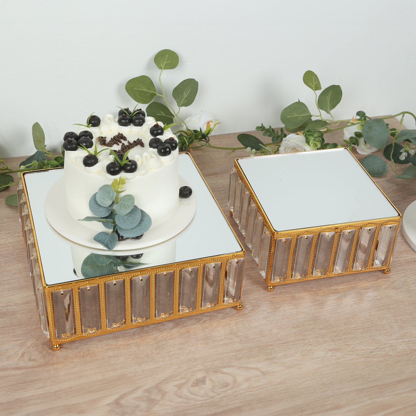 Gold metal crystal pendant cake stands with mirror tops, stackable square trays.