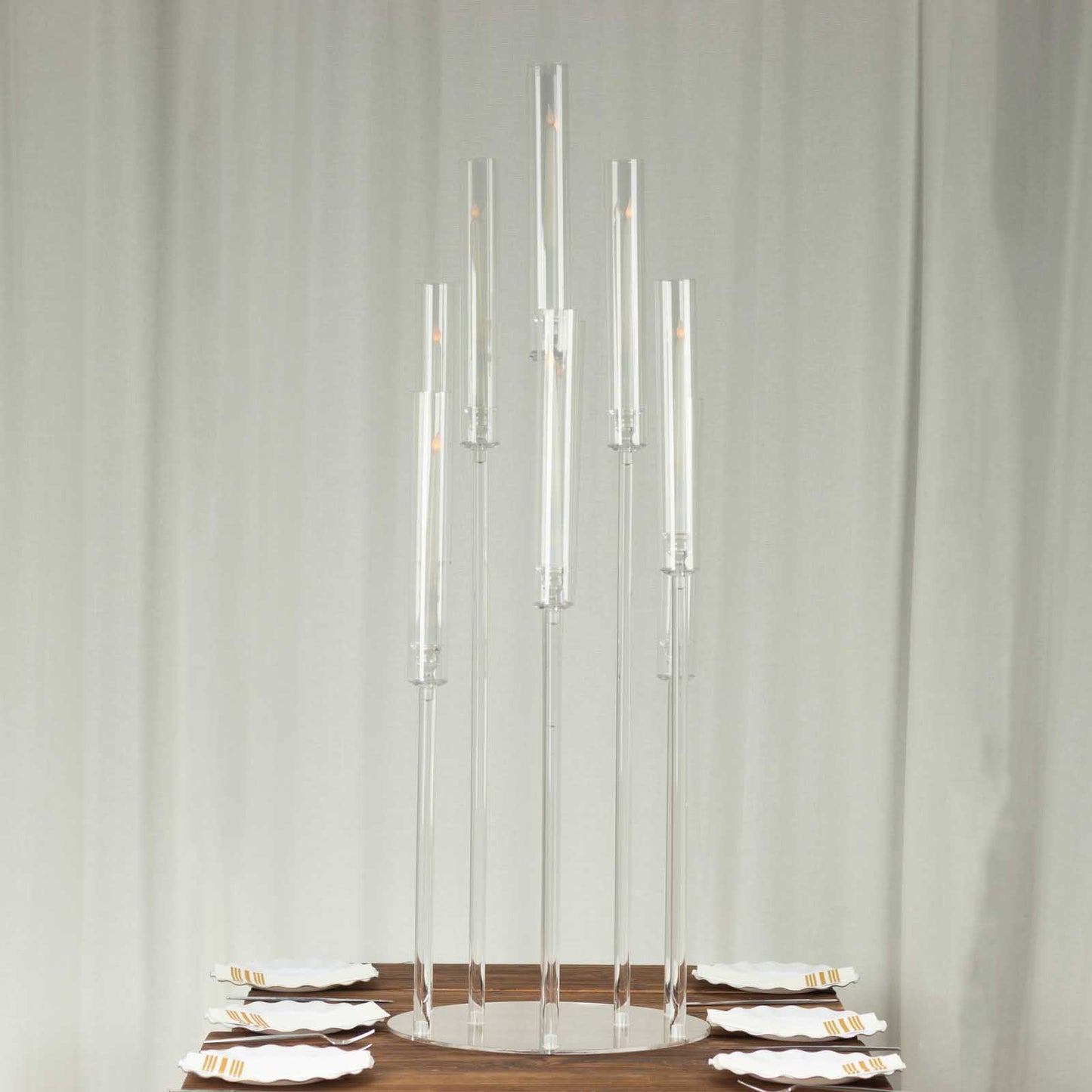 Clear acrylic candelabra stand for taper candles, 47" tall, elegant centerpiece.