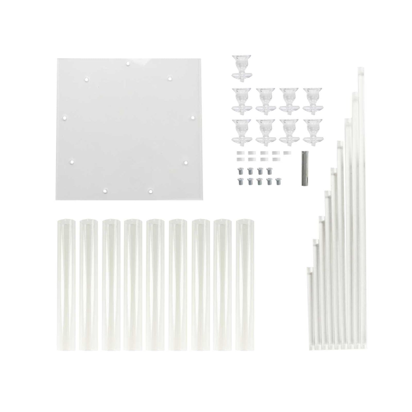Clear acrylic candle holder set with 9 arms and square base.