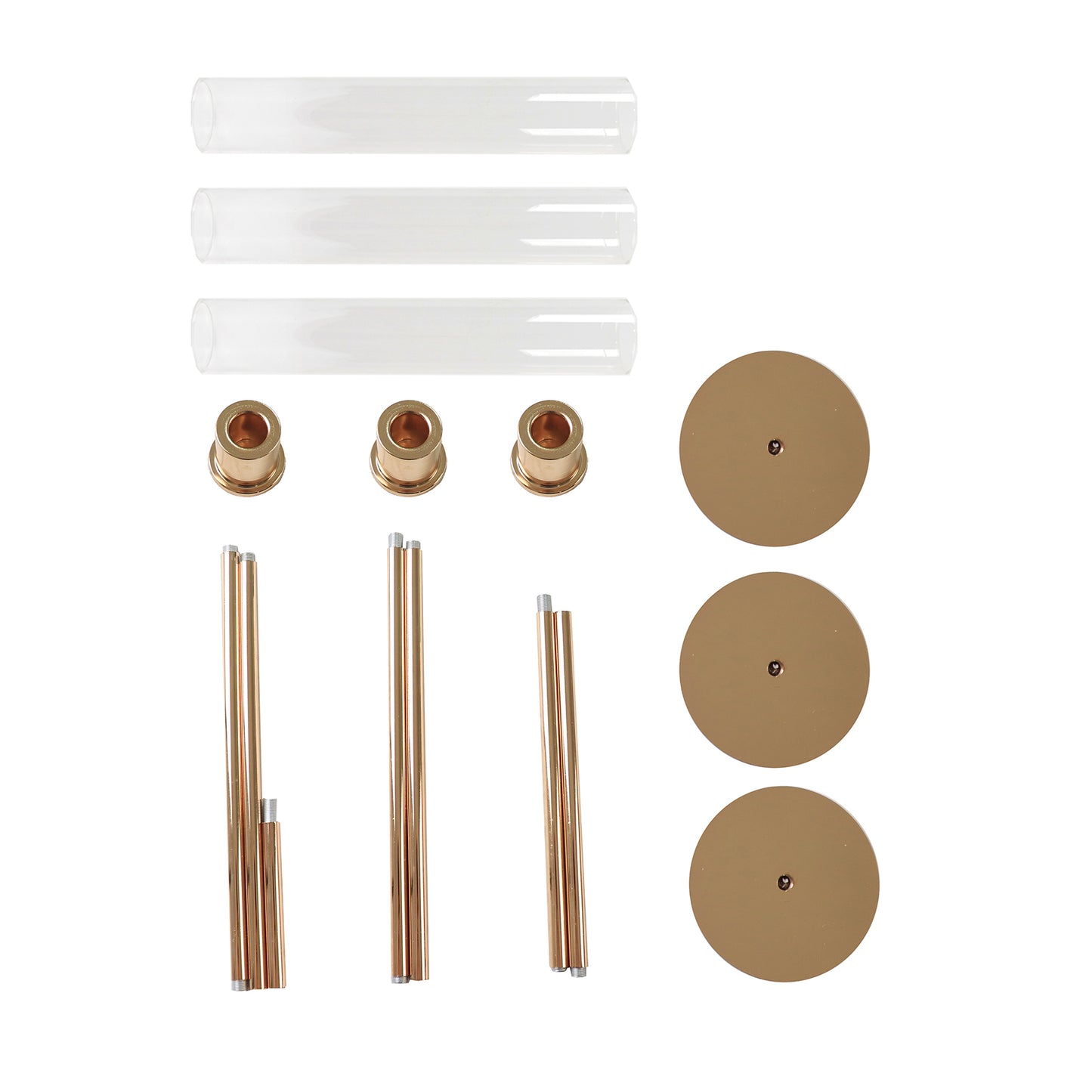 Gold metal taper candle holders with hurricane glass shades, set of 3.