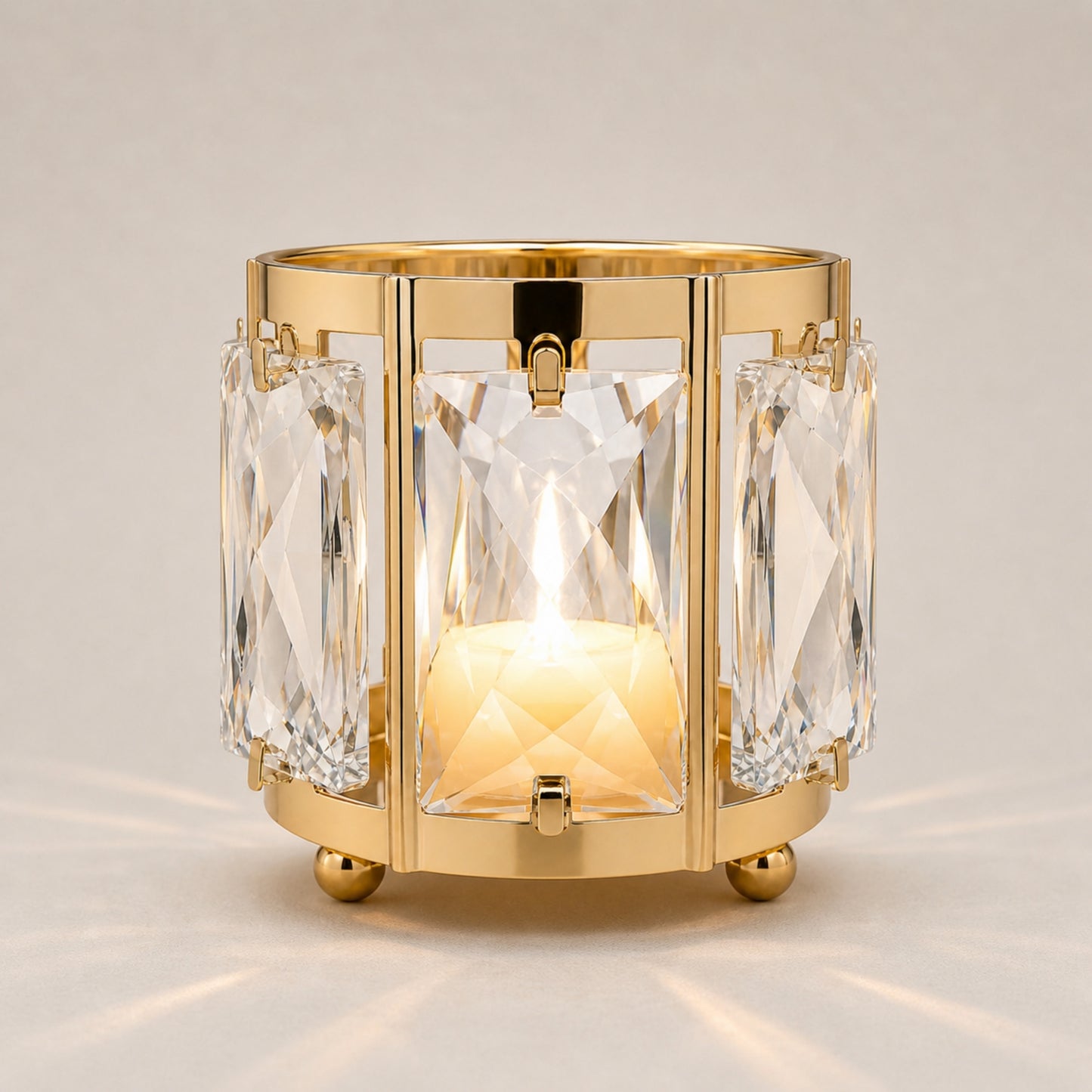 6 Pack 3" Gold Votive Candle Holders, Metal Frame Tea Light Cups with Faceted Crystal Pendant Panels