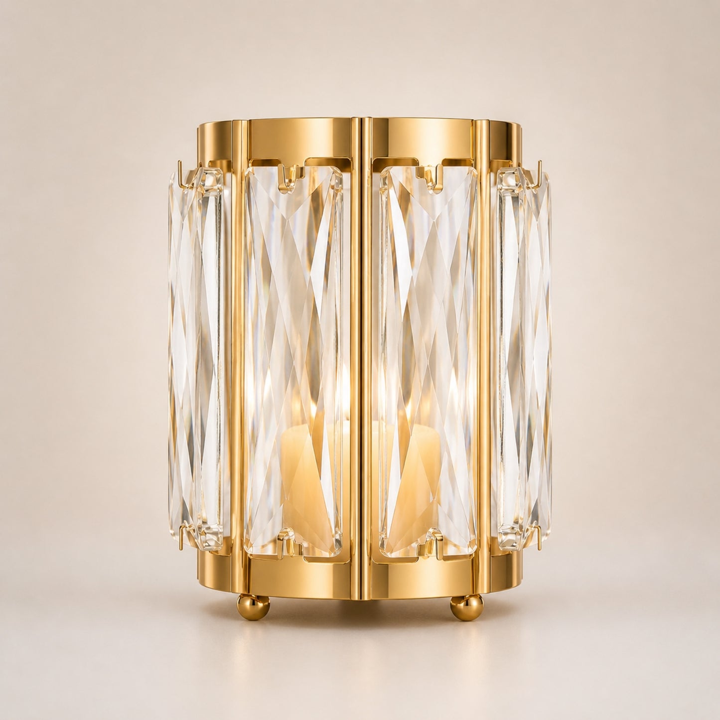 6 Pack Gold Pillar Candle Holders, 5" Tall Metal Frame Cylinder Cups with Faceted Crystal Pendant Pa