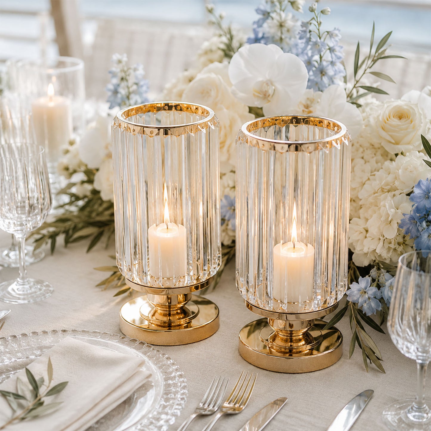 2 Pack 8.5" Crystal Pendant Hurricane Candle Holders, Gold Metal Base Elegant Fluted Glass Pillar Ca