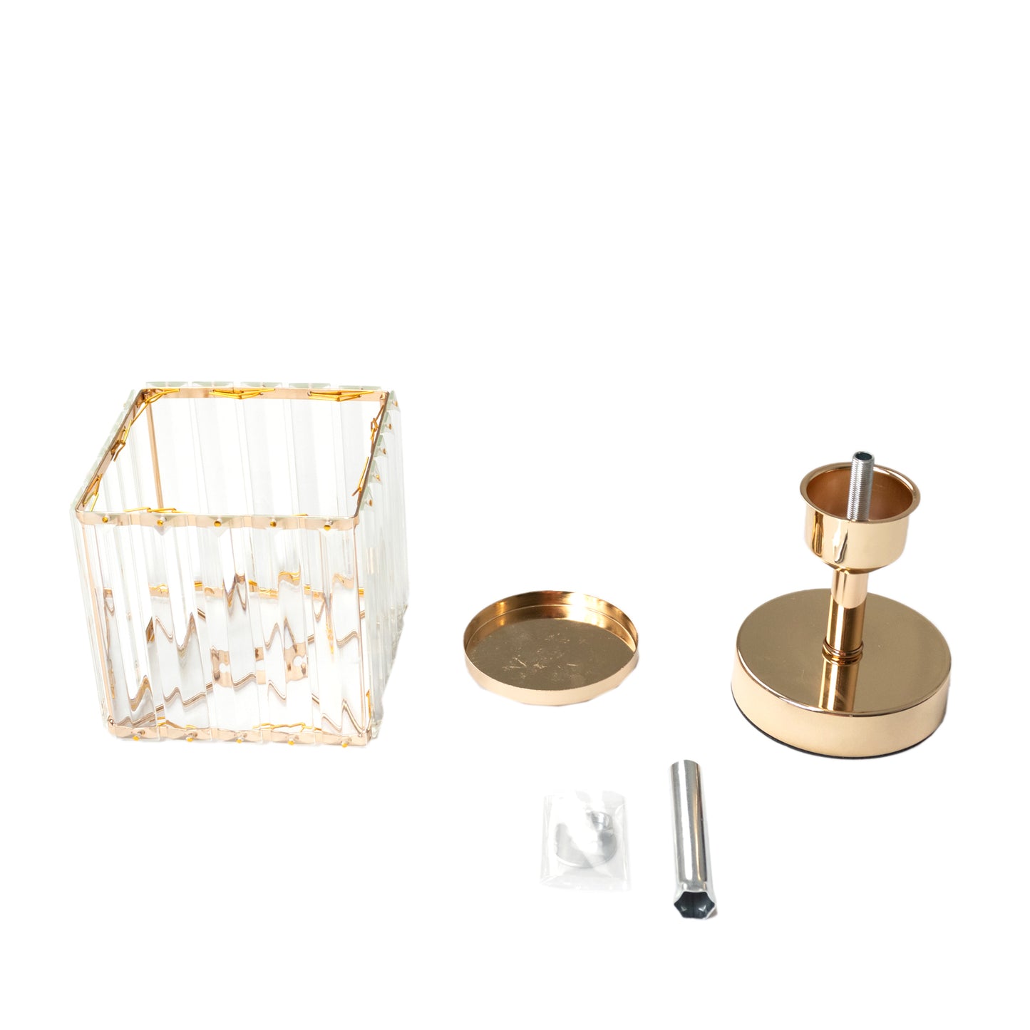 Gold crystal pendant hurricane candle holders for elegant table centerpieces.