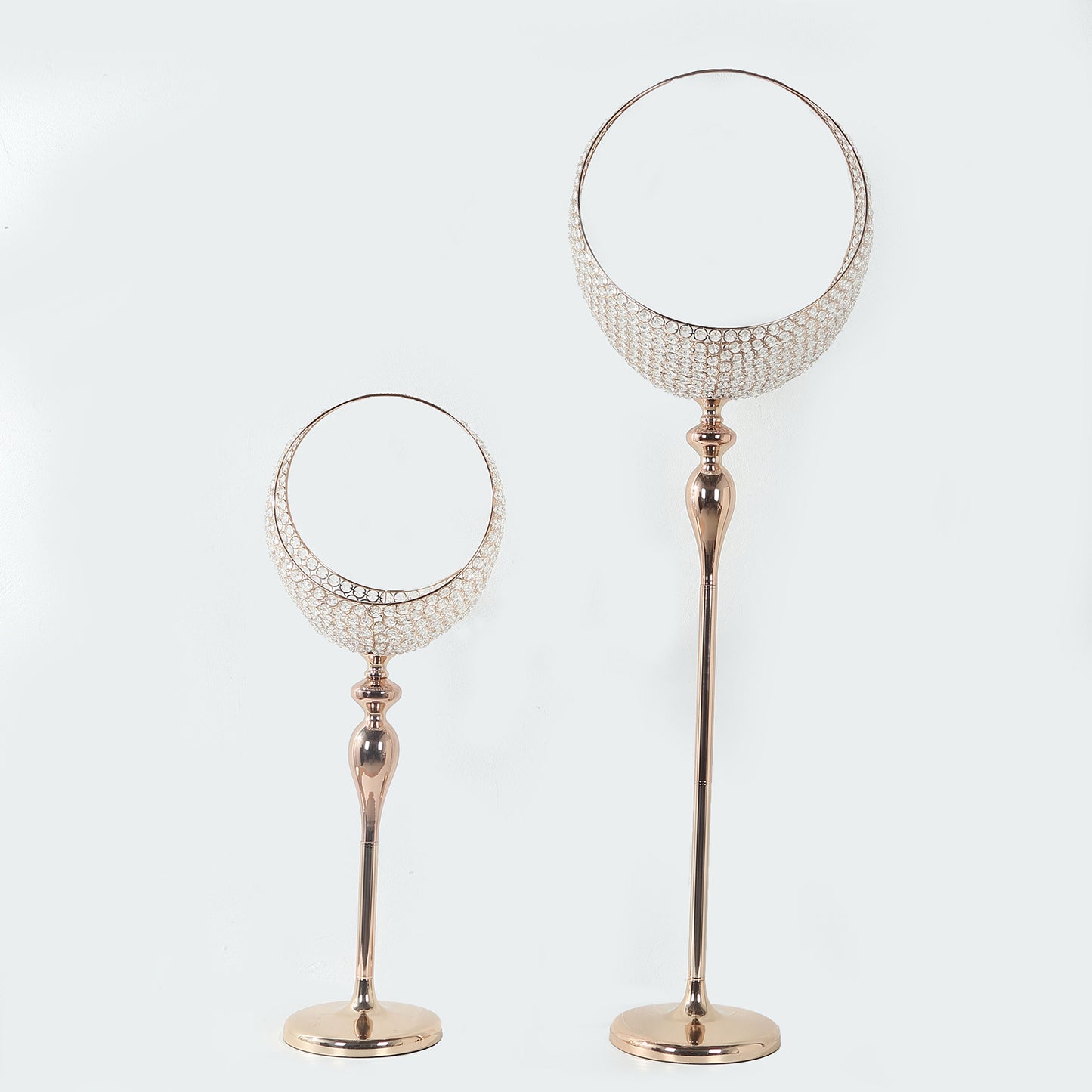 Gold crystal beaded flower stand in half moon basket design.