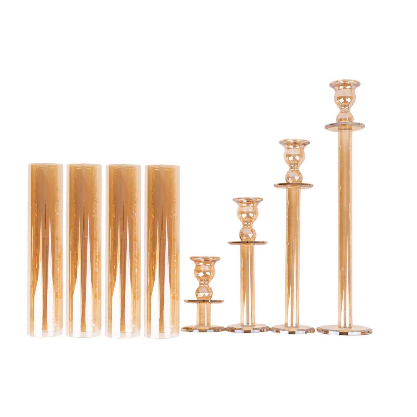 Amber gold hurricane candle holders set of 4, decorative tall stands in various heights.
