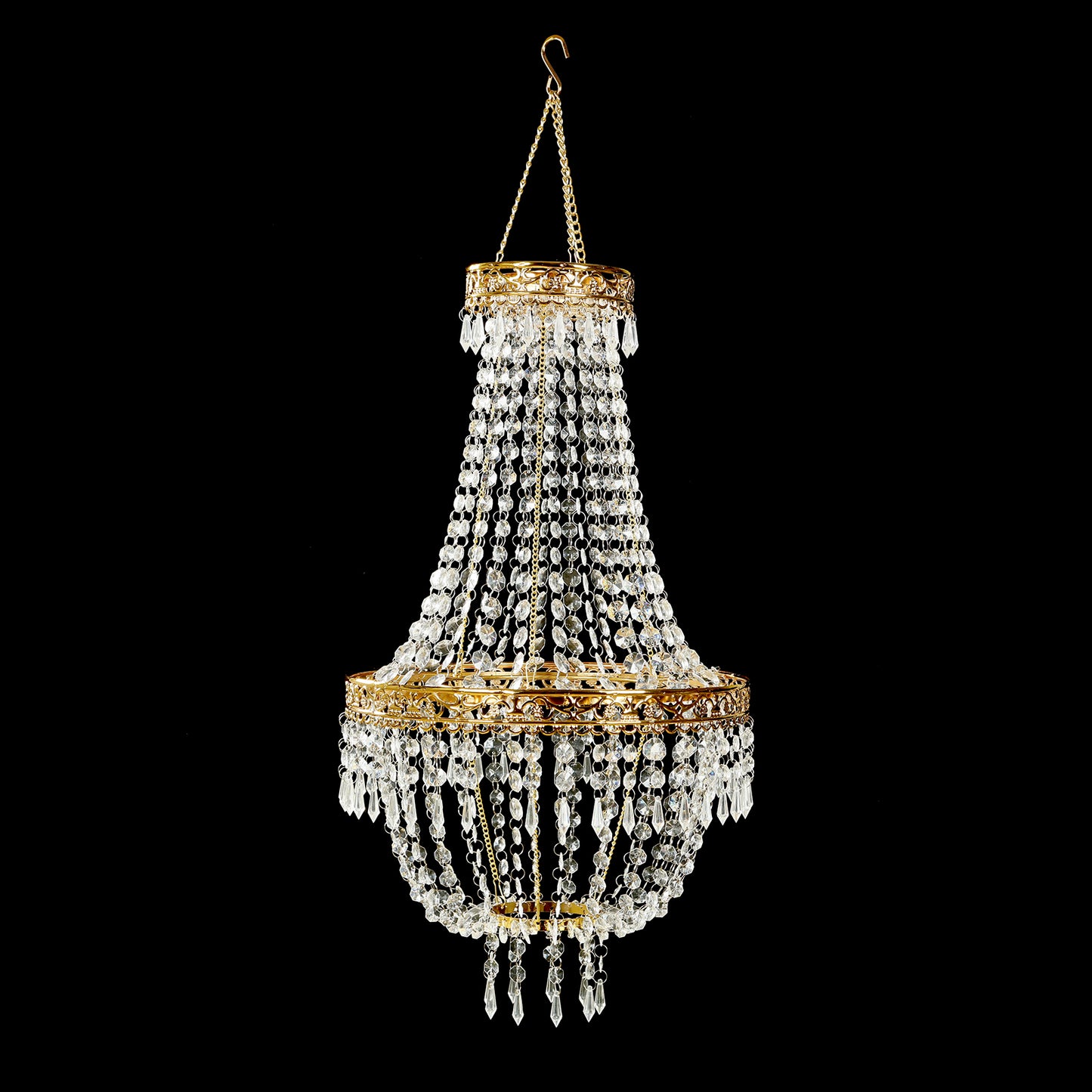 Gold beaded crystal chandelier with ornate metal frame.