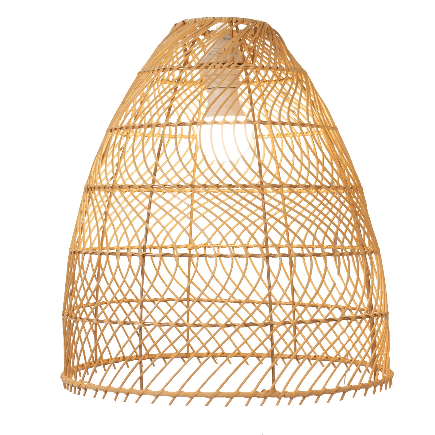 Natural woven rattan pendant lamp shade in cone shape.