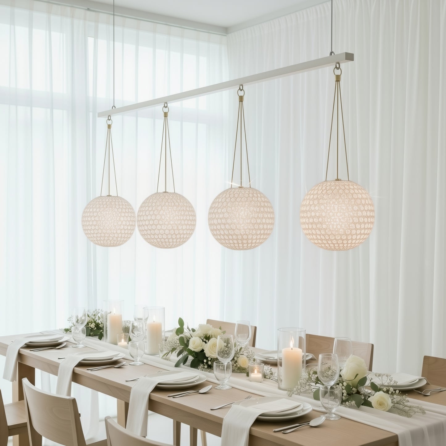 White crystal globe chandelier pendant with gold metal hooks and chain.